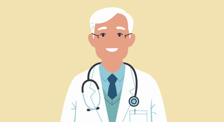 A friendly elderly doctor with a stethoscope smiles, ready to provide medical care and assistance.