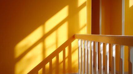 Sunlight casts geometric shadows across a bright yellow wall in a modern interior space during afternoon hours