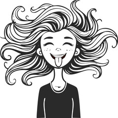 Cartoon illustration showcasing a girl with wild hair playfully sticking her tongue out