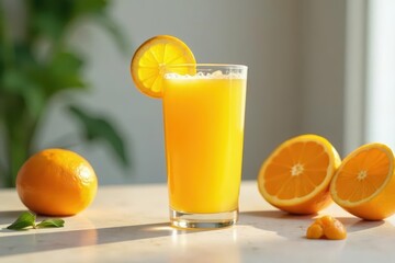 Freshly squeezed glass of orange juice on a minimalist table , drink, table, oranges