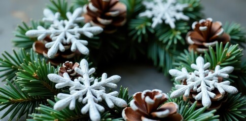 Frosty snowflake decorations on a pine cone wreath, holiday, wreath, decorative