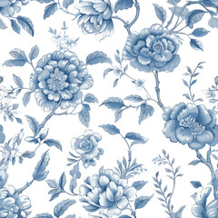 Floral Blue Chinoiserie. Toile De Jouy Vintage Seamless Pattern 11 Elegant Vector Graphics. Featuring delicate florals, buds and romantic motifs, this seamless pattern is crafted to perfection.
