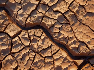 Aerial View of Dried Riverbed with Geometric Mud Cracks and Earth Tone