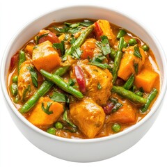 Fototapeta premium A hot and spicy Thai chicken curry with vegetables and tomato is a delicious and healthy traditional dinner dish