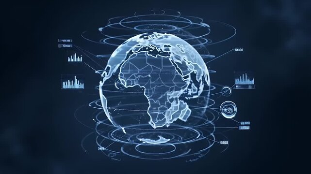Holographic earth globe spinning with data graphs - Powered by Adobe
