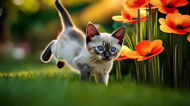 Siamese kitten chasing a butterfly in a sunlit garden with flowers and green grass view animal video