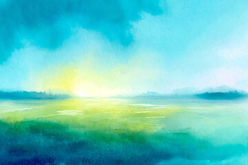 Watercolor Green Grassland and Blue Sky Landscape Background for Calm and Refreshing Spring Summer Nature Scene

