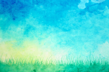 Watercolor Green Grassland and Blue Sky Landscape Background for Calm and Refreshing Spring Summer Nature Scene
