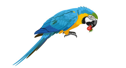 Fototapeta premium Blue-and-yellow macaw illustration. Vibrant exotic parrot with colorful feathers eating a red fruit, detailed vector art. Tropical bird and wildlife concept.