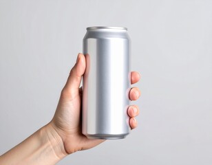 A human hand holding a plain silver aluminum beverage can against a light gray background.