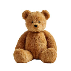 Obraz premium Adorable fluffy brown teddy bear toy sitting and looking forward isolated on transparent background