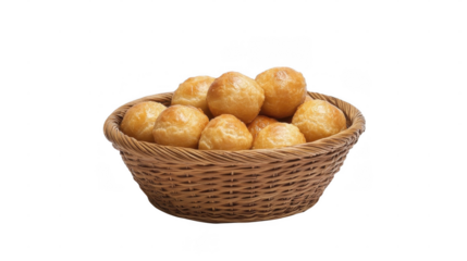 A basket filled with round, golden baked balls sits on a counter, inviting customers with its tempting appearance