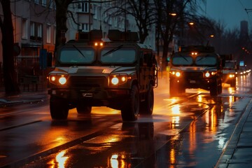 Fototapeta premium Military vehicles driving on wet city street at night