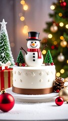 Obraz premium Festive Christmas cake decorated with snowman