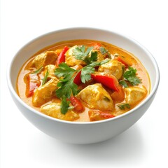 A warm and healthy chicken noodle soup with vegetables in a white bowl