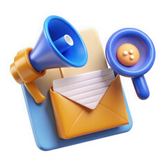 3d render of marketing megaphone envelope and magnifying glass isolated on a transparent background