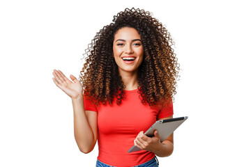 Smilling women holding tablet isolated on white  