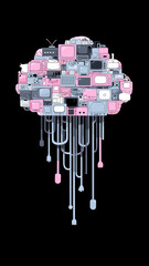 Cloud computing concept with old computers and electronic devices and hanging wires