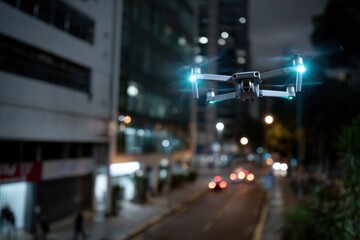 A state-of-the-art drone equipped with lights soars over a dimly lit urban landscape, showcasing the blend of technology and city life under the night sky.