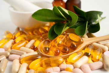 Alternative medicine herbal organic capsule with vitamin E omega 3 fish oil, mineral, drug with...