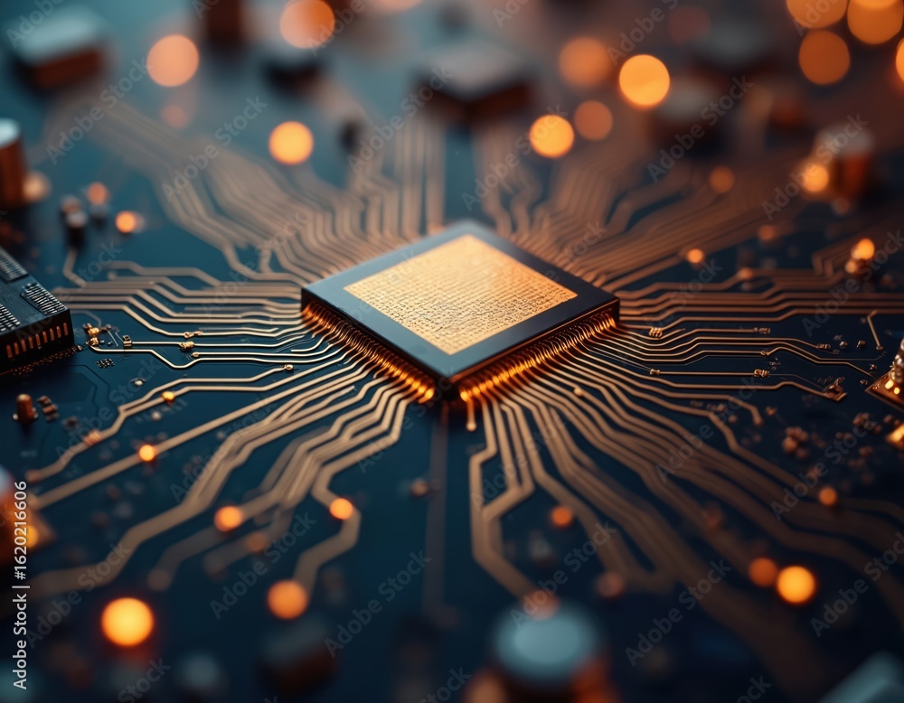 Poster macro view of electronic circuit board, golden traces connecting to central microchip. technology, i