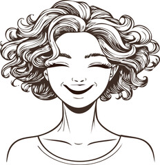 Smiling woman portrait with curly hair in linear drawing, calm and contentment