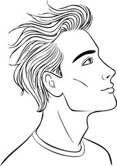 Stylized Line Art Portrait: A Young Man Looking Upwards with Wavy Hair and Hopeful Expression