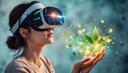 Young woman wearing VR headset and holding glowing green leaves  