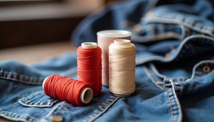 Sewing threads in various colors on denim fabric background  