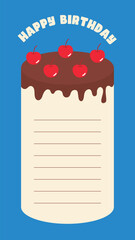 A vibrant birthday card featuring a chocolate cake topped with cherries and icing. The phrase "Happy Birthday" adds a celebratory touch. Perfect for birthdays, parties, gifts, and anniversaries.
