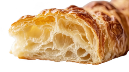 Flaky croissant with airy layers, highlighting its golden and crispy texture, freshly baked early in the morning