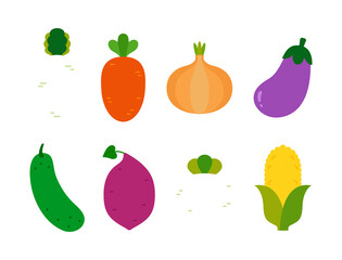A set of vegetable illustrations including radishes, carrots, onions, eggplants, cucumbers, sweet potatoes, turnips, and corn. Ideal for healthy living, stores, market, cooking and shopping.