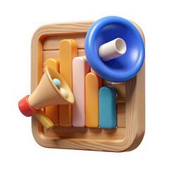 3d wooden marketing chart with megaphones isolated on a transparent background graph data