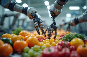 Robotic arms process fresh fruit in modern AI-controlled food factory. Automation uses precision technology for harvesting, production. Futuristic industry concept focused on efficient, automated