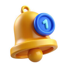 Golden notification bell with blue badge and number one isolated on a transparent background