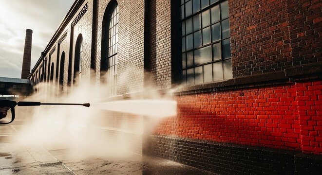 Pressure washing a red brick industrial building with a tall chimney in the background - Powered by Adobe