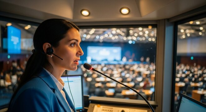 Professional Interpreter in Booth Translating for Conference Audience