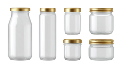 High quality photo of collection of empty glass bottles and jars with gold lids isolated on transparent background.