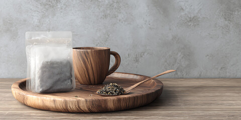 Wooden Tray with Tea Bag, Mug, and Loose Leaf Tea

