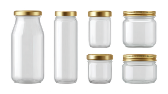 High quality photo of collection of empty glass bottles and jars with gold lids isolated on transparent background.