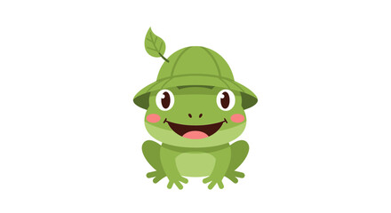 Obraz premium Adorable cartoon frog character. Cute green frog wearing a leaf-shaped hat and smiling cheerfully, designed in a playful style with vibrant colors. Children's illustration concept.