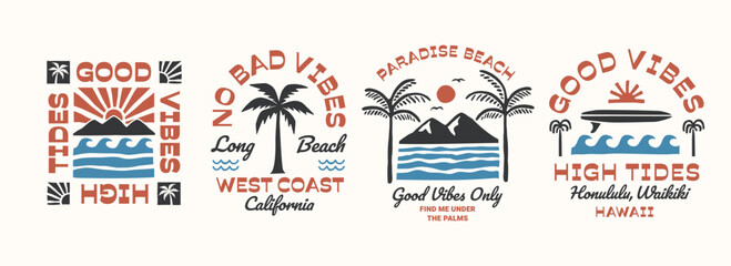 A set of surf theme vector designs with waves, palm trees, and sunsets. Perfect for apparel graphics and coastal designs. © cddesign.co