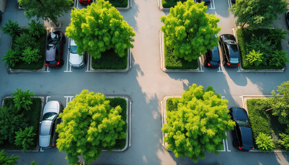 Aerial view of urban planning integrating green spaces. Parking lots replaced with trees, plants, promoting environmental design, sustainable land use. Modern approach prioritizes nature within city
