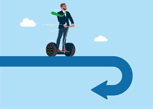 Businessman riding Segway are about to face the economic crisis. Business turning point, break event or change direction, reverse back, interest rate or financial trend change.