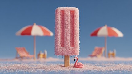 Pink popsicle on beach sand with flamingo, chairs and umbrellas, blue sky