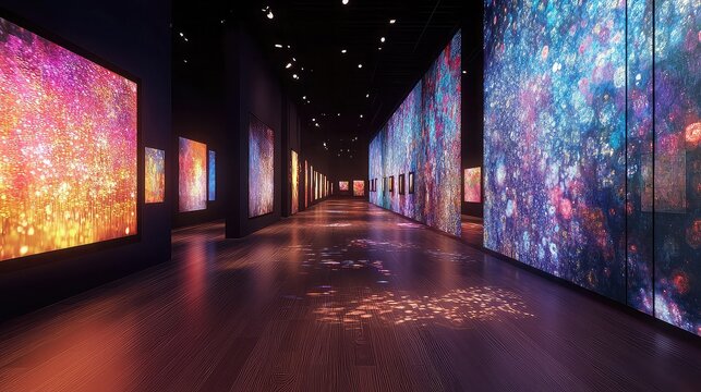 Interactive 3D digital gallery in the metaverse showcasing virtual art, NFT collections, ambient lighting, and immersive viewing room environments