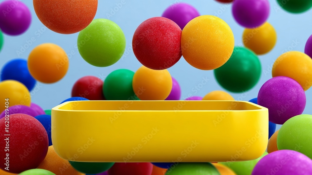 Poster colorful assortment of floating balls in vibrant hues surrounding a yellow rectangular container, cr
