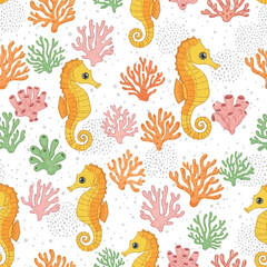 Fototapeta premium Delightful Seahorse and Coral Reef Pattern Playful Underwater Scene for Childrens Decor Vibrant Ocean Themed Design