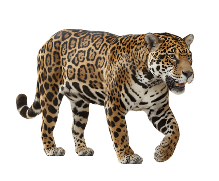 Jaguar's Majestic Stroll: A stunning jaguar, showcasing its remarkable spotted coat, strides purposefully forward, embodying the raw power and beauty of the wild.