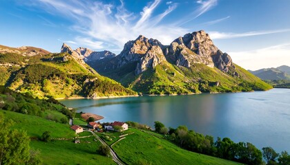 Magnificent mountain range mirroring in pristine lake waters with rolling hills and meadows